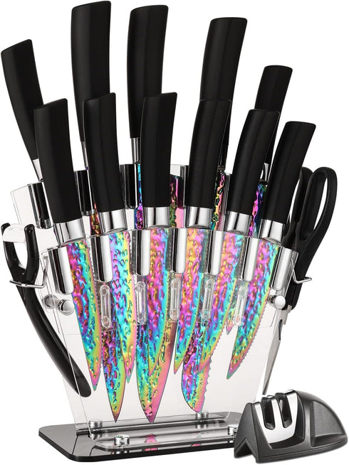 Rainbow Titanium Knife Set, Sharp Stainless Steel Knives with Acrylic Block, 6 Steak Knives, Chef Quality