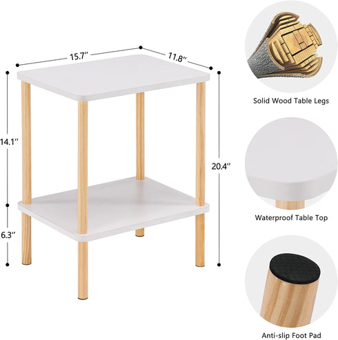 2 Apicizon Tier End Table, Small Side Table with Solid Wood Legs, Boho Bedside Table with Storage Shelf, Nightstand
