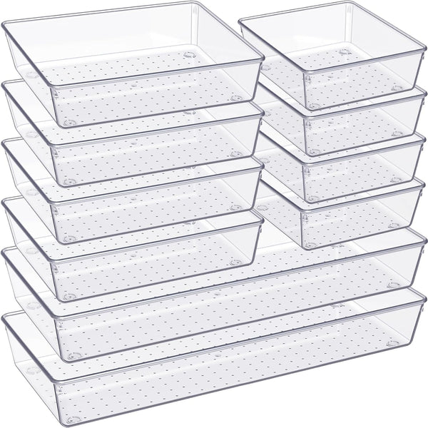 Criusia Drawer Organizer, 10 Pack Large Clear Plastic Organizers Set, Versatile Bathroom and Vanity Drawer Storage