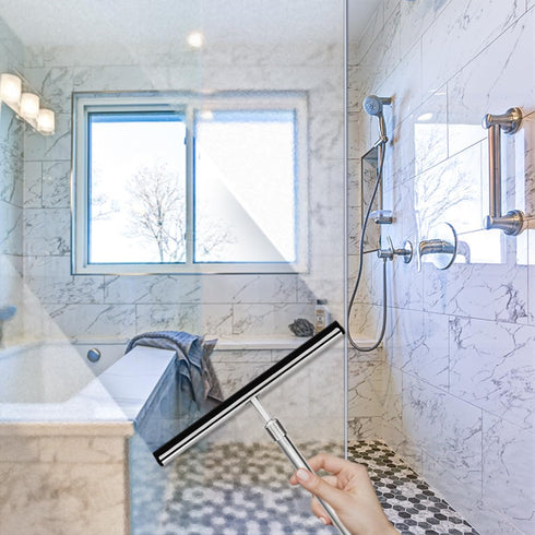 Shower Squeegee with Long Handle and Adhesive Hook for Glass Doors, Tile Walls, Mirrors, and Windows