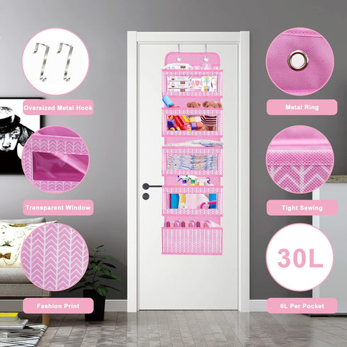 VERONLY Over The Door Hanging Organizer, 5 Large Pockets, Wall Mount Pantry Storage, Pink