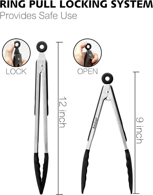 Anaeat Non-Stick Silicone Locking Tongs Set of 2 - 9" and 12" Stainless Steel Kitchen Food Tongs with Non-Slip Tips