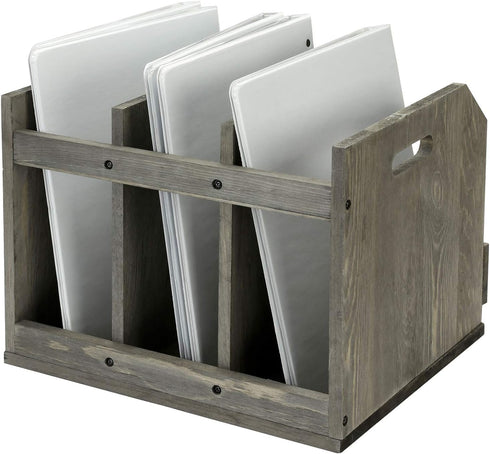 MyGift Vintage Gray Solid Wood Magazine Holder with 3 Compartments, Office Home Document Organizer