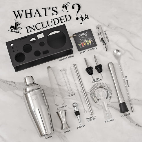 Set 17-Piece Set Bartender Kit Cocktail Shaker with Stand Bar Tool Bar for Drink Mixing Home Bartending Kit Bar Cart