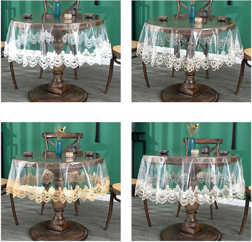 60 inch, Jeloris Plastic Clear Round Tablecloth Vinyl PVC Waterproof Tablecloth Embroidered Lace Edge Transparent Table