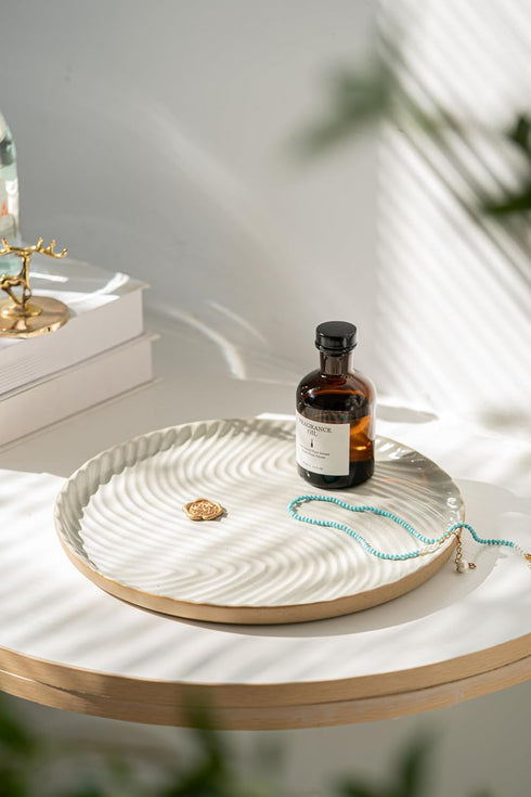 Vanity Tray with Brown Trim, Decorative Round Tray for Bathroom, Countertop, Perfume Holder Organizer, Dresser, Table,