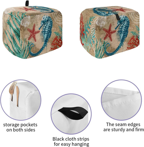 Nautical Theme Toaster Dust Cover with Pockets, Blue Seahorse and Seaweed Soft Washable Cover for 4 Slice Toaster