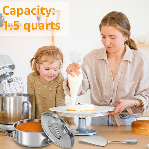 Flan Mold with Lid, Stainless Steel Baking Pan with Handle, 1.5QT Capacity for Cheesecake, Cupcake, Pudding