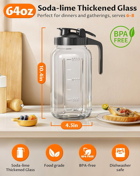 64 oz 2 (1/2 Mason Jar Pitcher Airtight & Leakproof Glass Pitcher with Lid, Perfect for Iced Tae, Sun Tea, Cold Brew