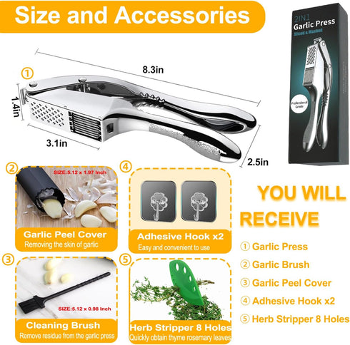 SAYLVME 3 1, Garlic Press and Slicer In Food Grade Stainless Steel Garlic Mincer Chopper Crusher Garlic Press Kitchen