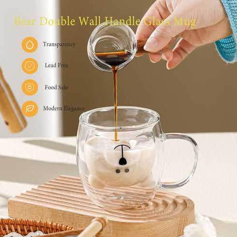 Binoster Bear Cute Mugs Kawaii Double Wall Glass Coffee Tea Mill Yogurt Cup Funny Novelty Gift for Women Her Friends