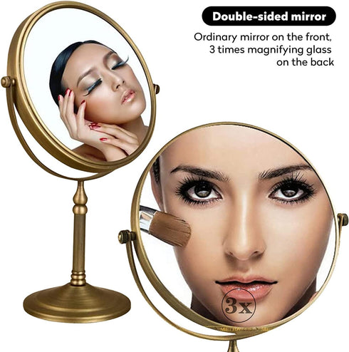 Leyden Antique Brass Makeup Mirror - 3X Magnifying Vanity Mirror, Double Side 7.8 Inch for Bathroom