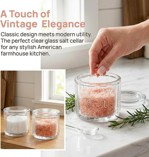 2 Pack 3.75" 3.15" Nicunom Clear Glass Salt Cellar with Lid, Salt Storage Container Salt Box, Retro Style, Kitchen