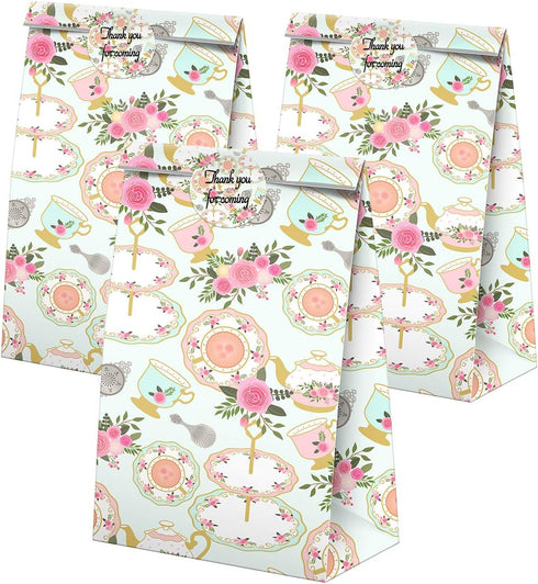 24 Pcs Tea Party Goodie Bags with Stickers - Tea Themed Birthday Party Favor Bags, Perfect for Kids' Supplies and Treat