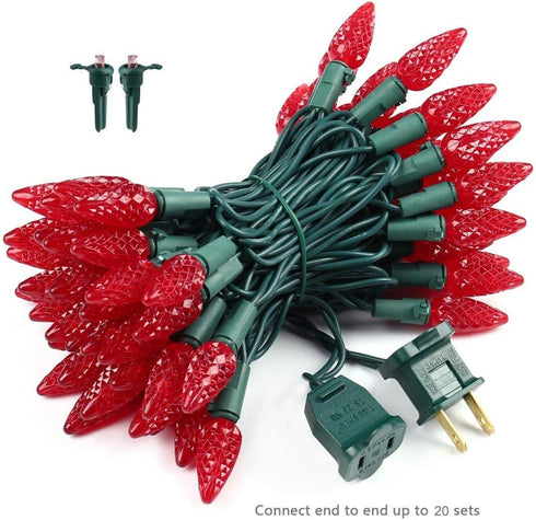 C5 100 33ft 120V Set Brizled Upgraded Faceted LED Red Christmas Lights, LED Christmas tree Lights, UL Certified