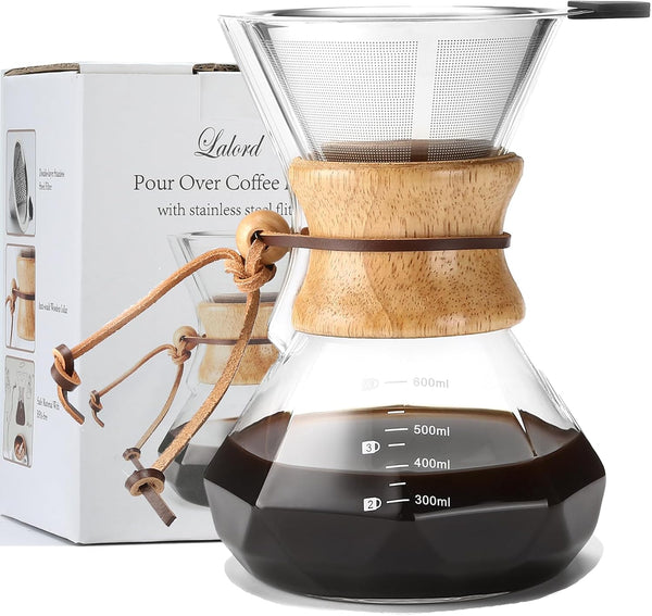 Pour Over Coffee Maker with Stainless Steel Filter, 20 oz Borosilicate Glass Carafe, Holds 3-4 Cups