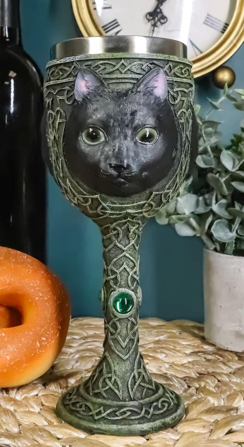 Ebros Wicca Mystical Witching Hour Black Cat Wine Goblet, 7oz Celtic Beverage Chalice with Green Gems