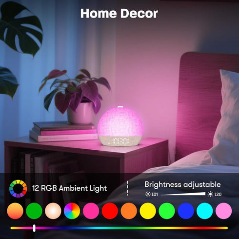 ARUQO 30 Dimmable Snooze, Wake Up Light Sunrise Alarm Clock, White Noise Sound Machine with Soothing Sounds, Night