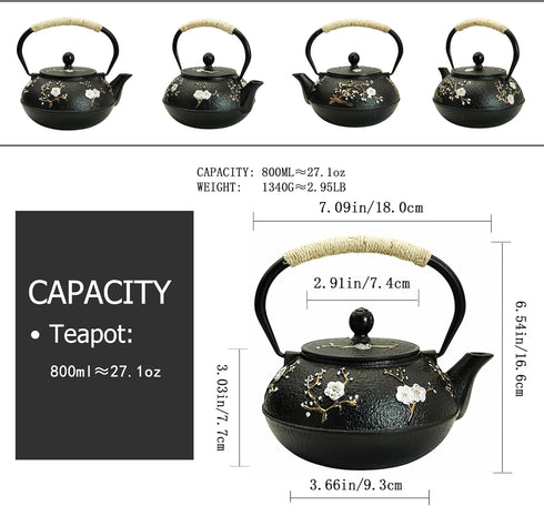 27oz Tea(800ML) YJX Small Cast Iron Teapot for Stovetop, Japanese Tetsubin with Enamel, Beautiful Decorative Tea Pot