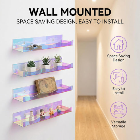 4 Pack 15" Hiceeden Iridescent Acrylic Floating Shelves, Wall Mounted Floating Bookshelf Organizer for Room, Clear Nail