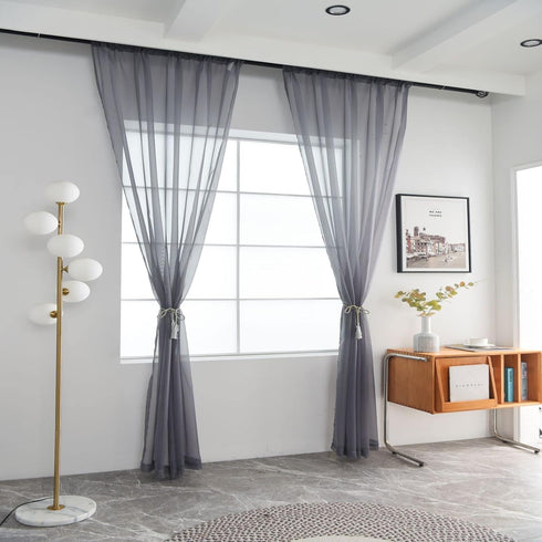 SpaceDresser Sheer Voile Window Treatment - Rod Pocket Curtain Panels for Kitchen, Bedroom, Living Room, Grey, 52 W x