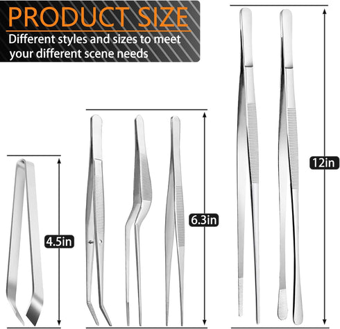 JETKONG 6 Pcs Cooking Tweezer Tongs, 12'' and 6.3" Stainless Steel Set for Cooking, BBQ, Multi-use