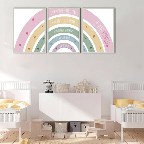 3Pcs 12x16in Rainbow Canvas Wall Art - Colorful Boho Nursery Wall Decor - Positive Affirmation Kids Heart Picture
