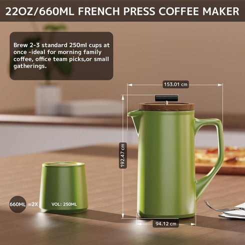 22oz DHPO Ceramic French Press Coffee Maker, Single Serve Coffee Press with Walnut Wood Lid, Lead-Free, Food Grade