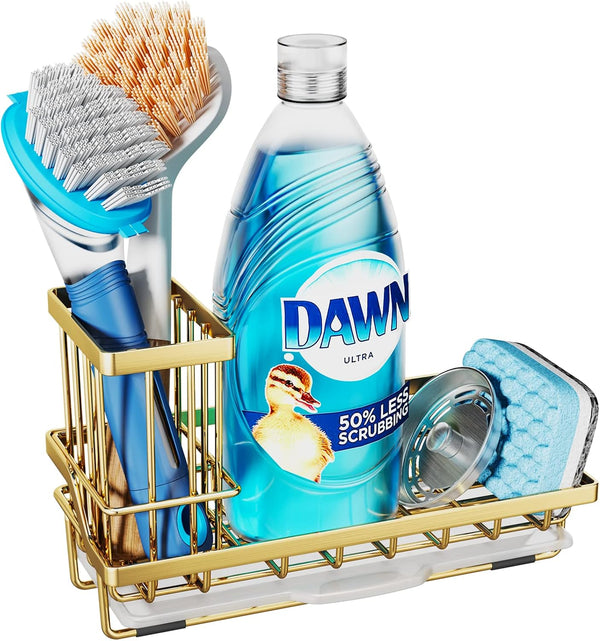 Consumest Sink Caddy, Kitchen Sponge Holder + Dish Brush Holder, Stainless Steel Rustproof Sink Organizer - Gold