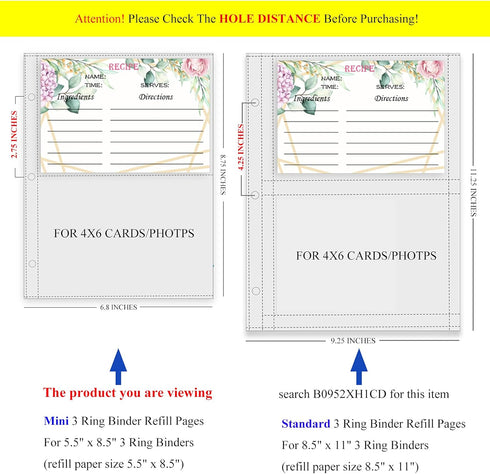 Recipe Card Page Protectors - Mini Recipe Card Sleeves for 8.5 x 9.5 3-Ring Binder, 50 PCS, 4x6 Inch Pockets