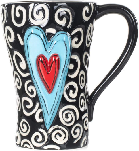 DEMDACO Tracy Pesche 15 Ounce Glossy Ceramic Stoneware Coffee Cup Mug with White Swirls Hearts