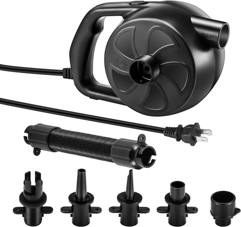 BUYMAX Electric Air Pump High Power Inflator & Deflator Valve with 5 Nozzles for Air Mattress, Rafts, Pools (300W Black)