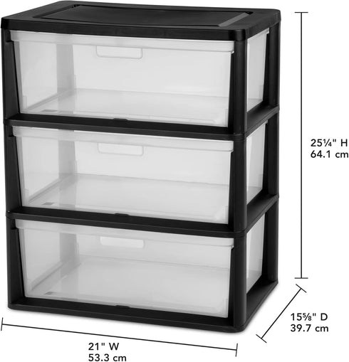 CLMSTE 3 Plastic Drawer Wide Tower Plastic Storage Cart with Clear Pull Out Drawers, Black