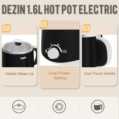 Dezin Hot Pot Electric, Rapid Noodles Cooker, 1.6 Liter Stainless Steel Pot with Temperature Control