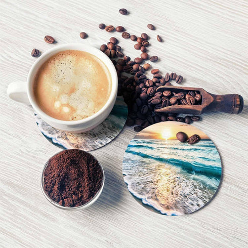 Pznen Sunset Summer Set 2 Beautiful Sea Wave and Sky at Cup Coasters for Table Clear Coast Beach Seascape Travel
