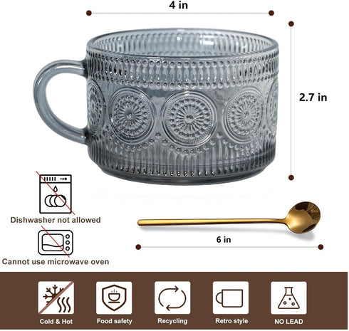 14 Oz Set 2 Vintage Glass Coffee Mugs, of Embossed Glassware Tea Cups for Breakfast, Dessert, Cappuccino, Latte