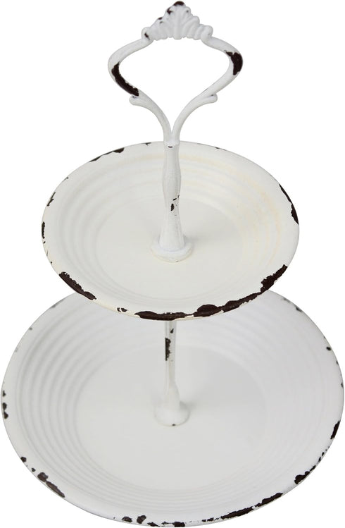 Stonebriar Small 2 Tier Worn White Metal Tray, Rustic Farmhouse Decor, Tiered Jewelry Tray for Vanity or Bathroom, 9.25"