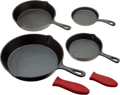Cast Iron Skillets Set of 4 (Pre-seasoned) 10 Inch - 5.1 Inch, Includes Large & Small Silicone Hot Handle Holders
