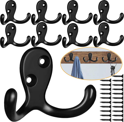 Coat Hooks Hardware, 10Pcs Heavy Duty Wall Mounted Hooks for Hanging Coats, No Rust Double Robe Hook (Black)