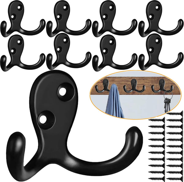 Coat Hooks Hardware, 10Pcs Heavy Duty Wall Mounted Hooks for Hanging Coats, No Rust Double Robe Hook (Black)