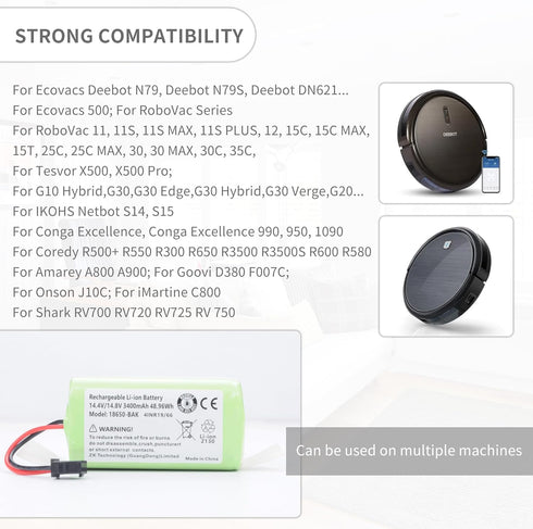 3400mAh Li-ion Battery for Eufy RoboVac 11, 11S, 30, 15C, 15T, 12, 35C, and Ecovacs Deebot N79S