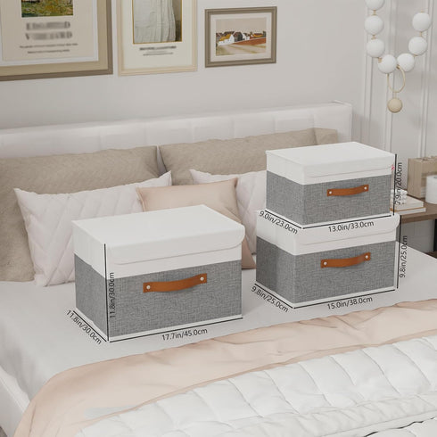 Yawinhe Storage Boxes with Lids, Linen Fabric Bin, Cube Organizer Basket, Washable, White/Grey, 1-Pack