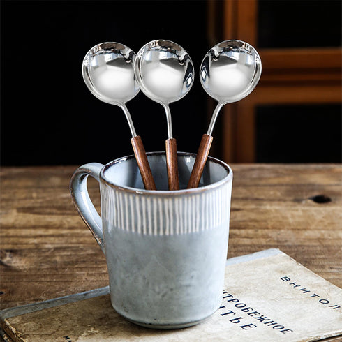 Retro Wooden Handle Spoon Set - 4 Pcs Stainless Steel Serving Tablespoons, Wooden Dinner Spoon, Silver Silverware with