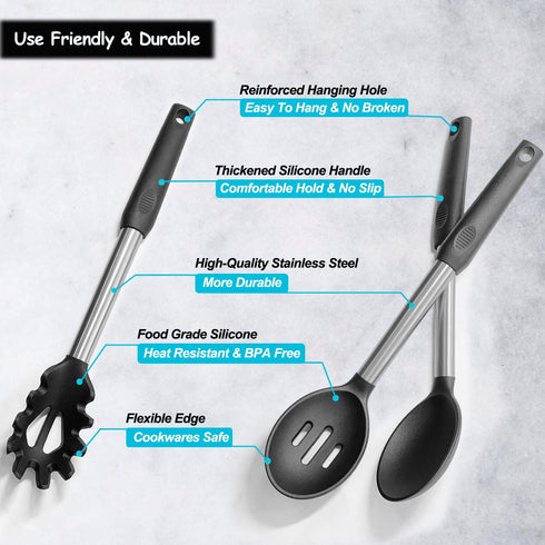 Silicone Spatula and Cooking Spoon Set, 5 Pack Non-Stick Utensils, Heat Resistant with Stainless Steel Handle (Black)