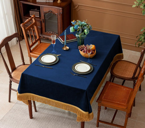 F-CHU Thickset 60x70-Inch Luxury Blue Tablecloth Velvet Tablecloth with Beautiful Gold Tassels Vintage Table Cloth