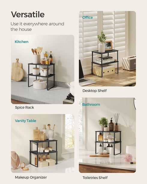 SONGMICS Set of 4 Cabinet Organizer Shelves, Stackable Kitchen Storage, Spice Rack in Ink Black and Ebony Black