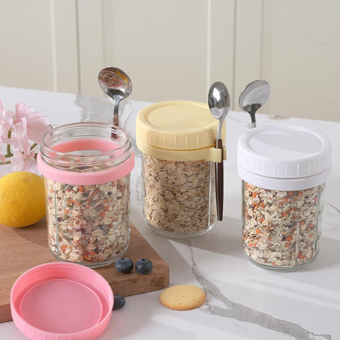 6 Pack Spoons,16 Oz (3 novelinks Overnight Oats Containers with Lids and Mason Jars, Leak Proof Overnight Oats Jars