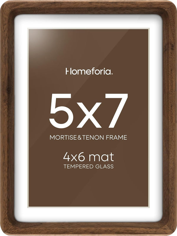 Homeforia 5x7 Picture Frame Brown Wood, Mortise & Tenon Dark Wooden 5