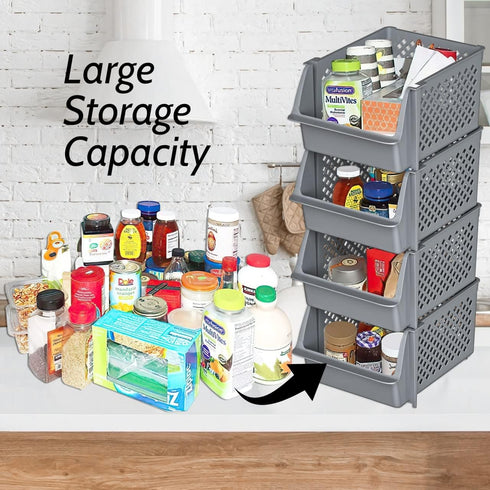 Skywin TidyFriend Stackable Storage Bins - 4-Pack for Organizing Food, Kitchen, and Bathroom Essentials in Grey