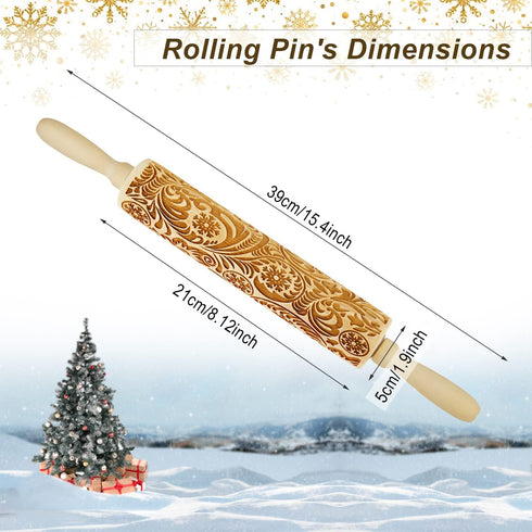 Wooden Engraved Rolling Pin - Christmas Snowflake Designs for Baking Cookies and Decor
